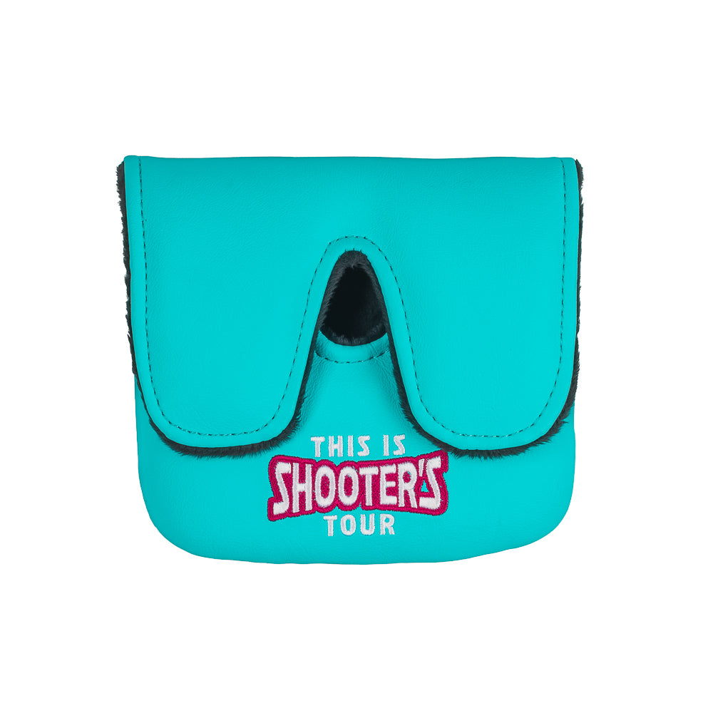 Happy Gilmore official Shooter's Tour aqua and pink Shooter McGavin themed center shaft XL mallet putter golf headcover.