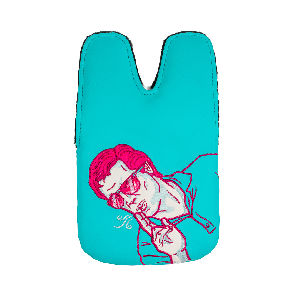 Happy Gilmore official Shooter's Tour aqua and pink Shooter McGavin themed center shaft XL mallet putter golf headcover.