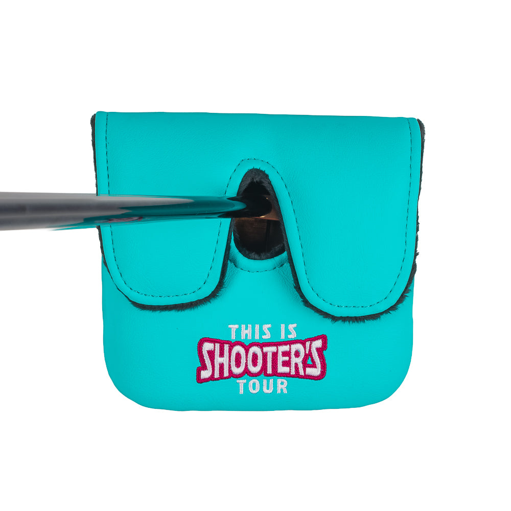 Happy Gilmore official Shooter's Tour aqua and pink Shooter McGavin themed center shaft XL mallet putter golf headcover.
