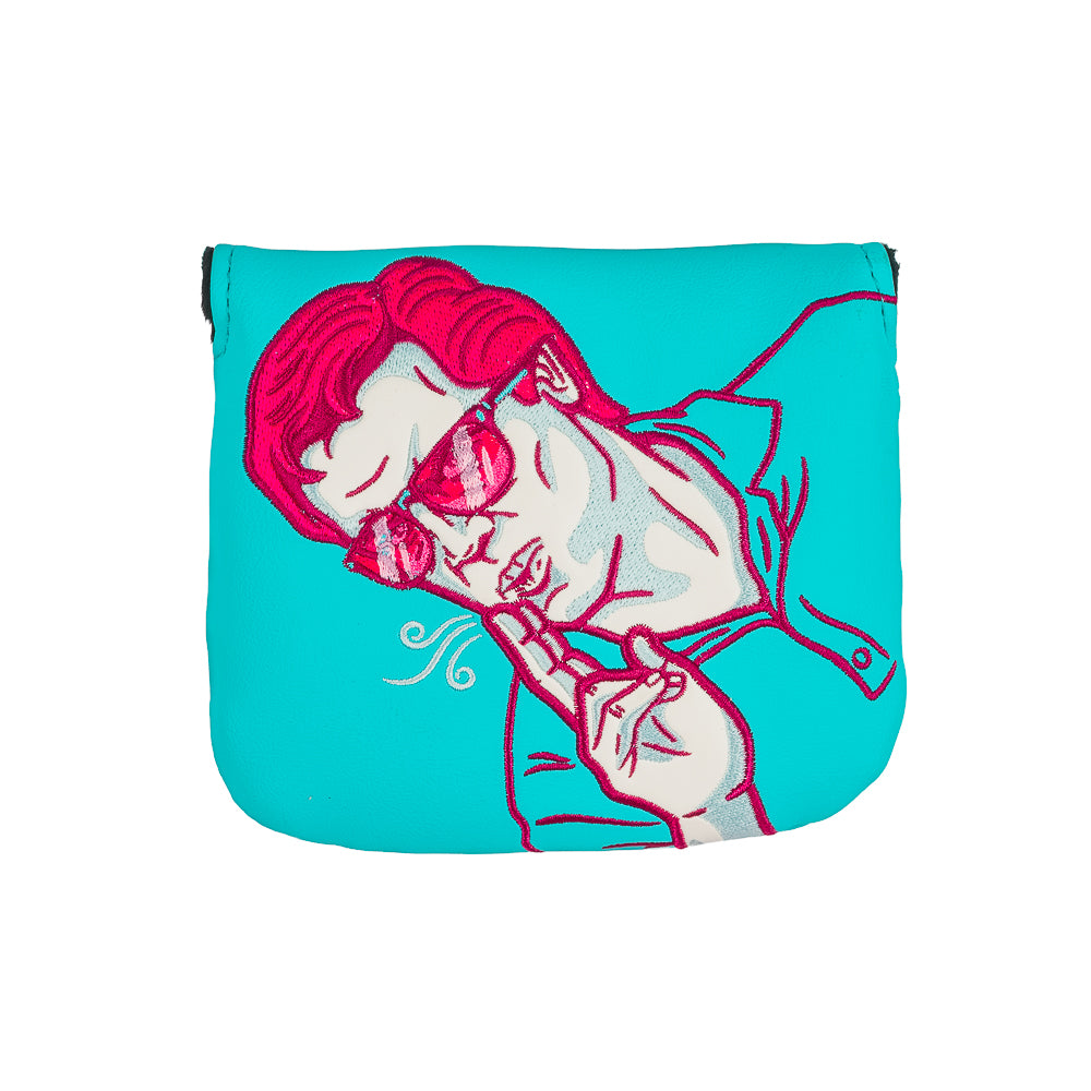 Rewind Golf x Happy Gilmore aqua and pink Shooter's Tour center shaft mallet putter golf headcover.