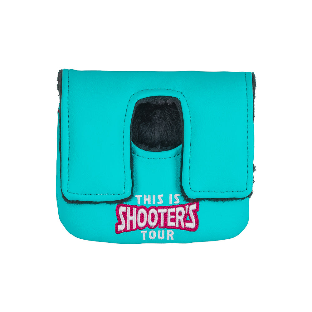 Rewind Golf x Happy Gilmore aqua and pink Shooter's Tour center shaft mallet putter golf headcover.