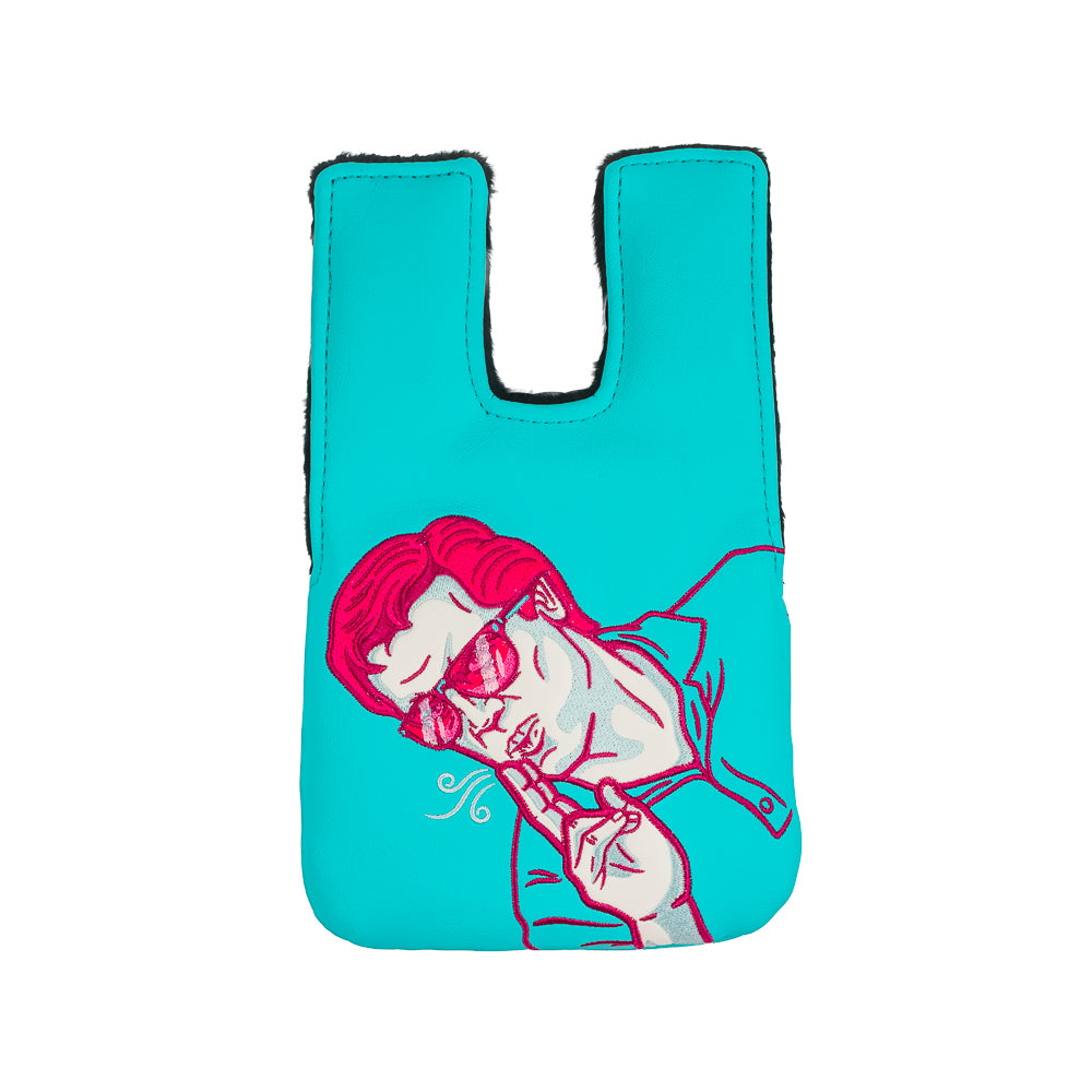 Rewind Golf x Happy Gilmore aqua and pink Shooter's Tour center shaft mallet putter golf headcover.