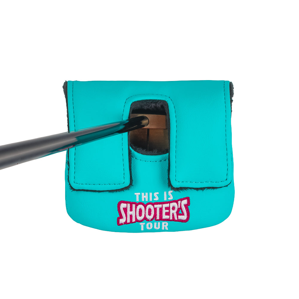 Rewind Golf x Happy Gilmore aqua and pink Shooter's Tour center shaft mallet putter golf headcover.