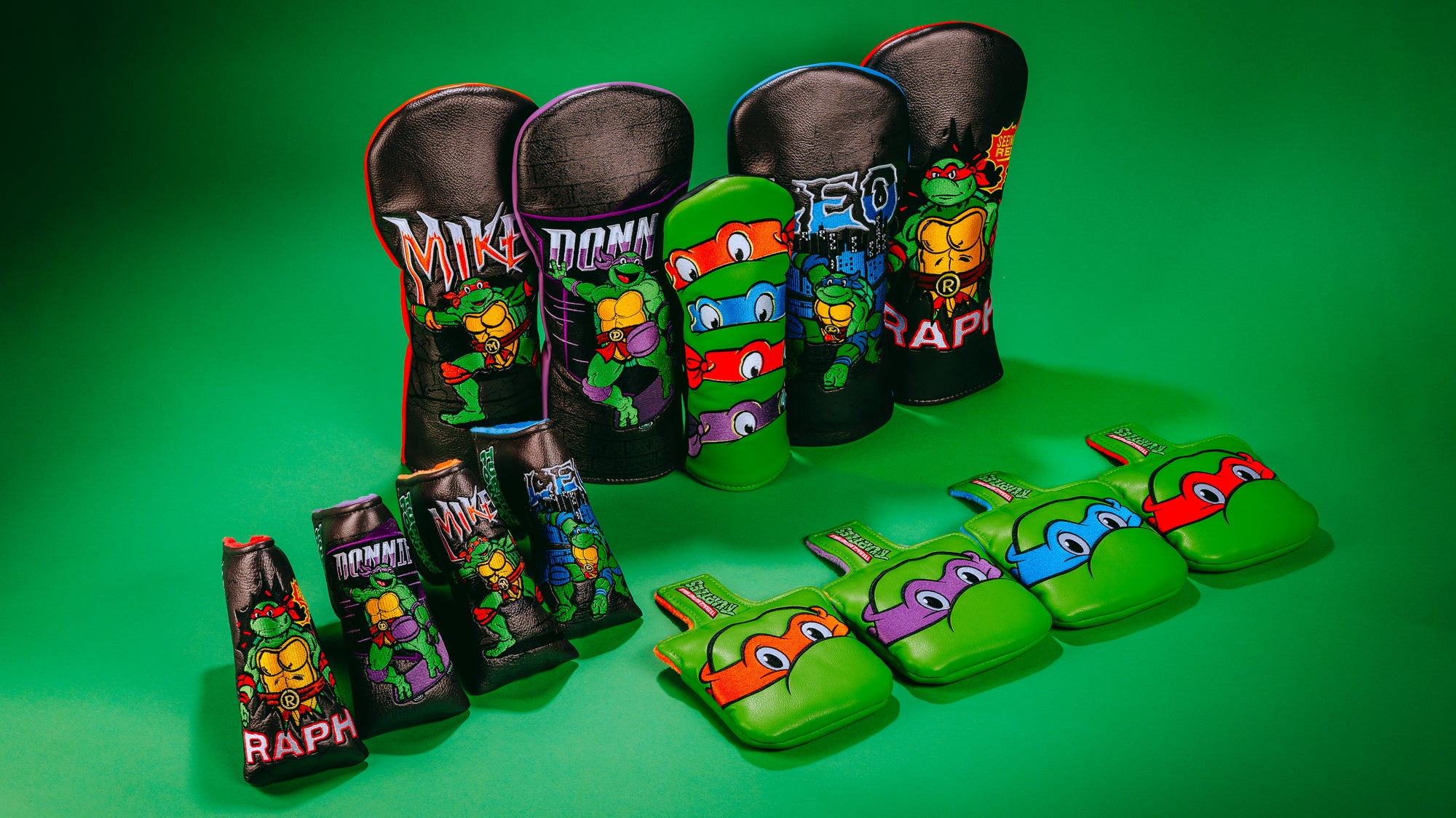 Rewind Golf x TMNT officially licensed golf headcovers based on turtles Raph, Leo, Donnie, and Mikey.
