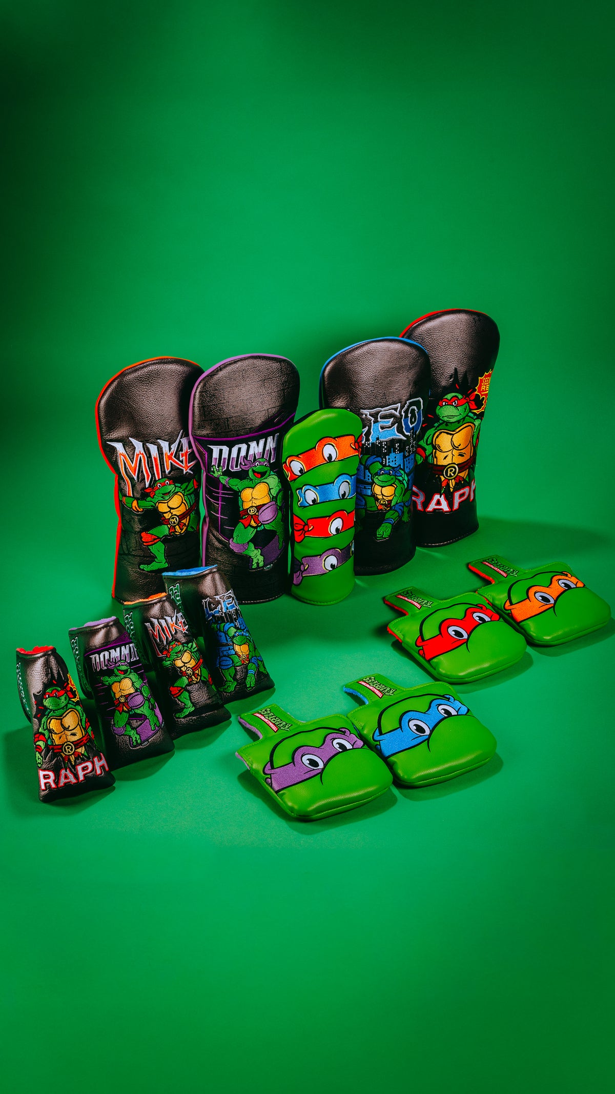 Rewind Golf x TMNT officially licensed golf headcovers based on turtles Raph, Leo, Donnie, and Mikey.