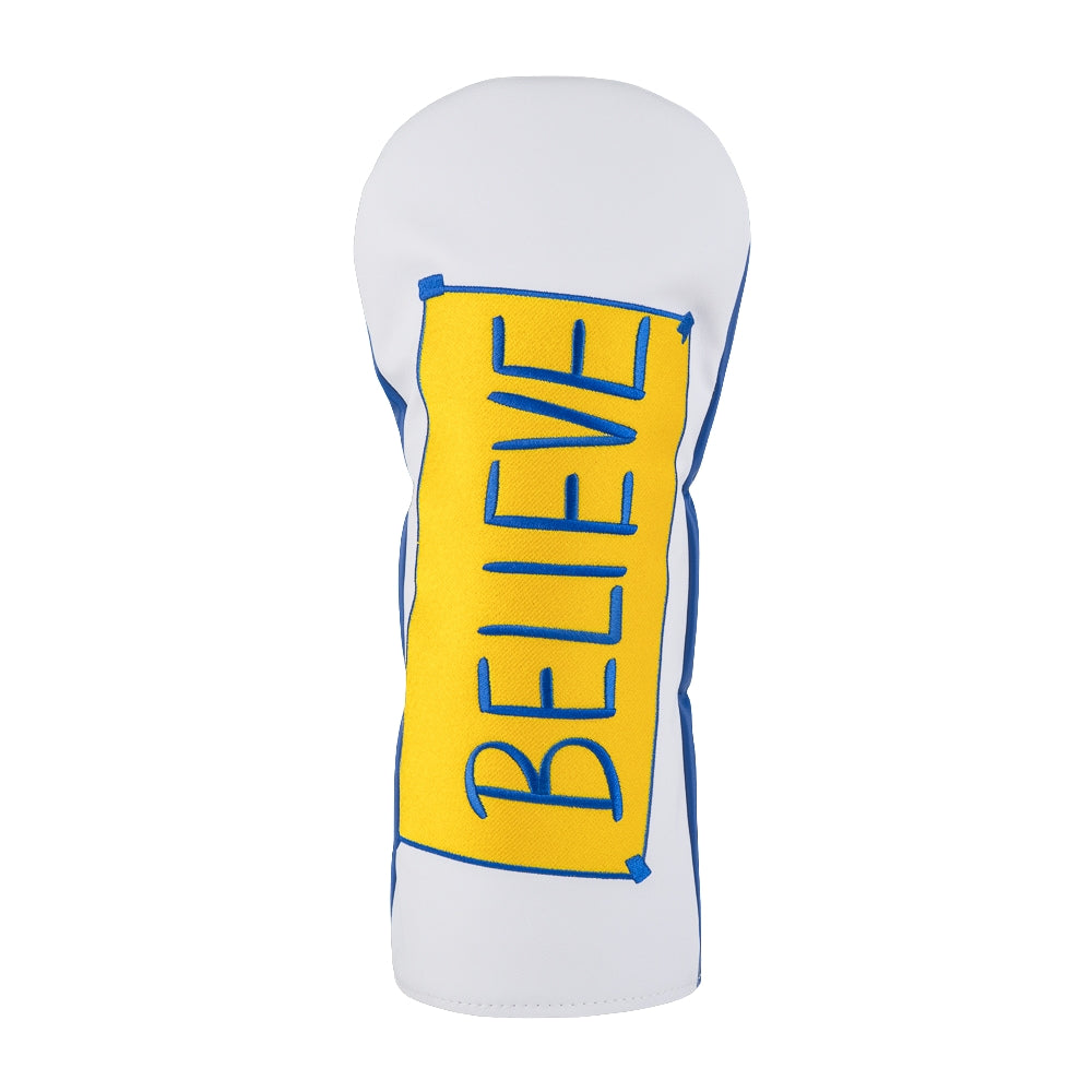 Rewind Golf x Ted Lasso official driver headcover with white front, blue back and the yellow "BELIEVE" sign embroidered across PU material.