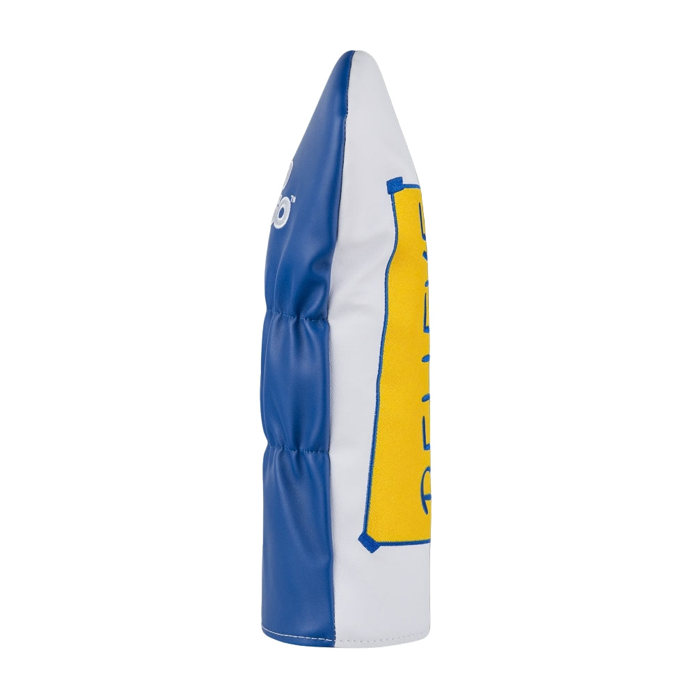 Rewind Golf x Ted Lasso official driver headcover with white front, blue back and the yellow "BELIEVE" sign embroidered across PU material.