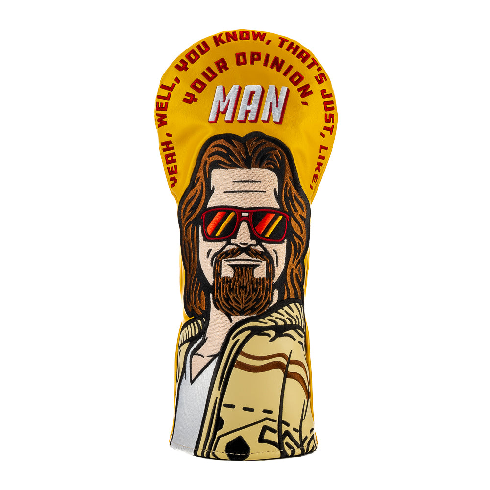 Rewind Golf x The Big Lebowski officially licensed Your Opinion, Man movie themed yellow golf driver headcover.