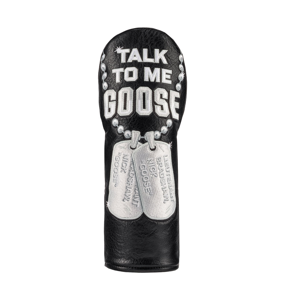 Top Gun x Rewind Golf Talk To Me Goose black and silver dog tag themed fairway wood golf headcover.