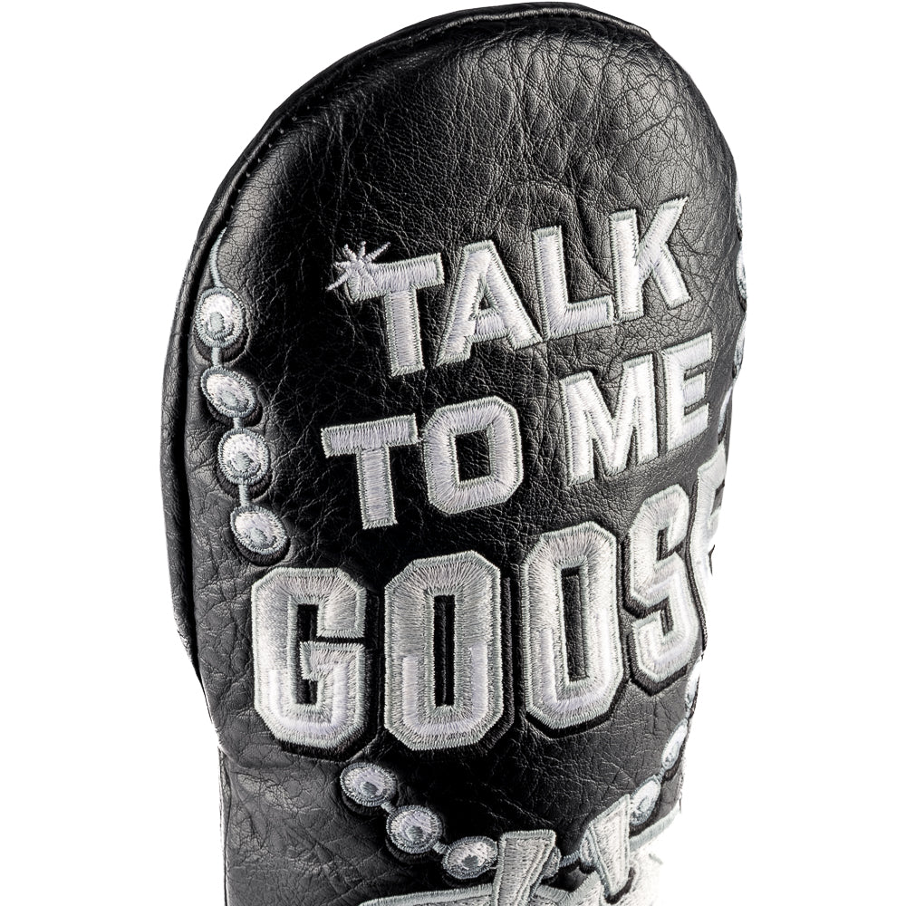 Top Gun x Rewind Golf Talk To Me Goose black and silver dog tag themed fairway wood golf headcover.