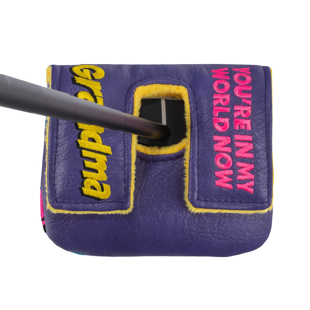 Rewind Golf x Happy Gilmore official Grandma themed purple and yellow center shaft mallet headcover.