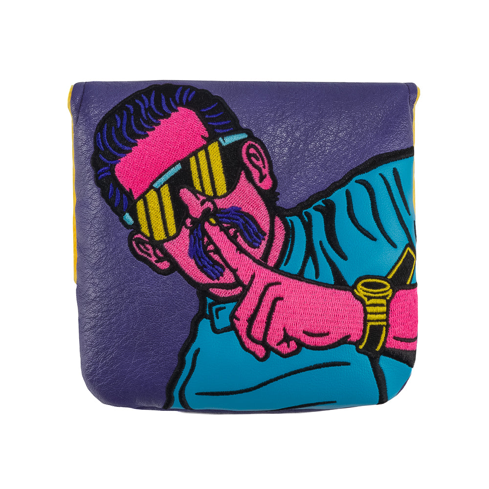 Rewind Golf x Happy Gilmore official In My World Now Grandma purple, pink, and yellow center shafted XL mallet golf headcover.