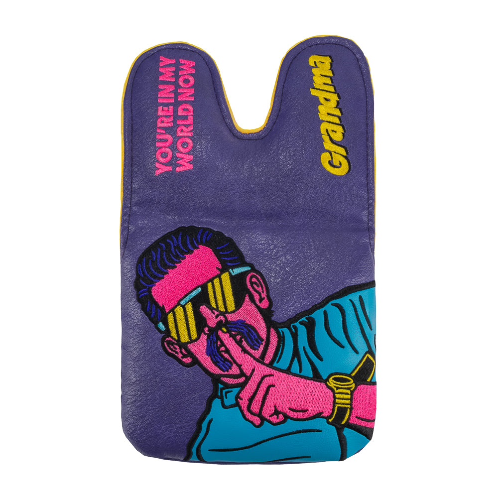 Rewind Golf x Happy Gilmore official In My World Now Grandma purple, pink, and yellow center shafted XL mallet golf headcover.