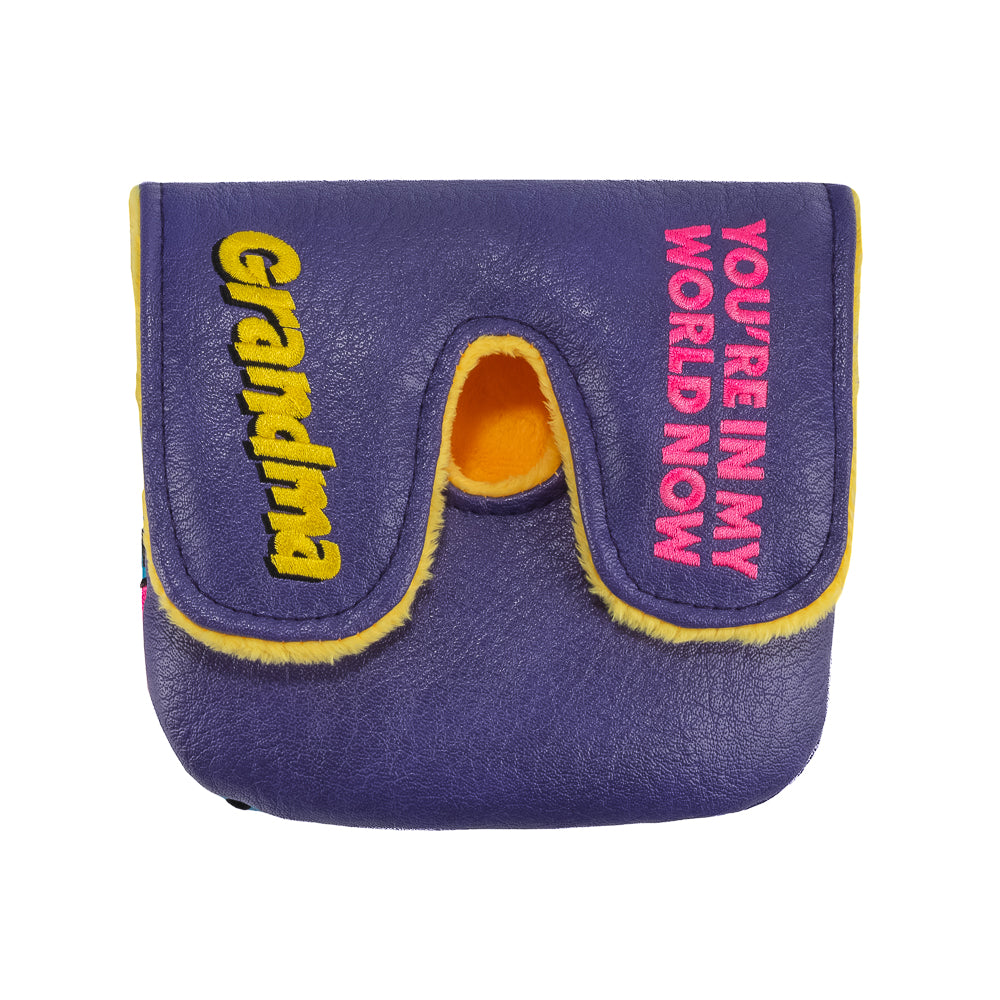 Rewind Golf x Happy Gilmore official In My World Now Grandma purple, pink, and yellow center shafted XL mallet golf headcover.