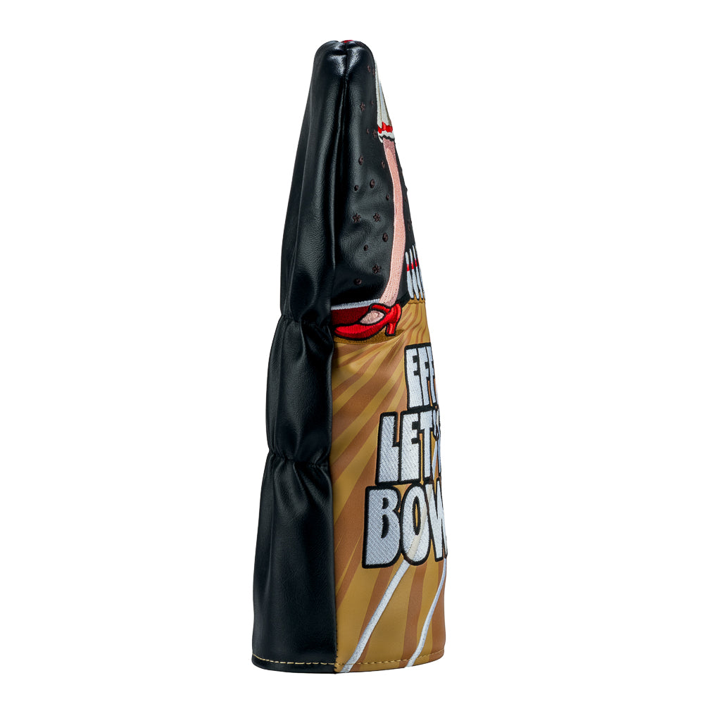 Rewind Golf x Big Lebowski official driver golf headcover with humorous design of legs bowling and text 'Eff It Let's Go Bowling' on a black background