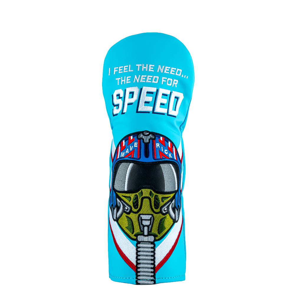Rewind Golf x Top Gun Need For Speed official fairway wood golf headcover featuring Maverick helmet on teal material.