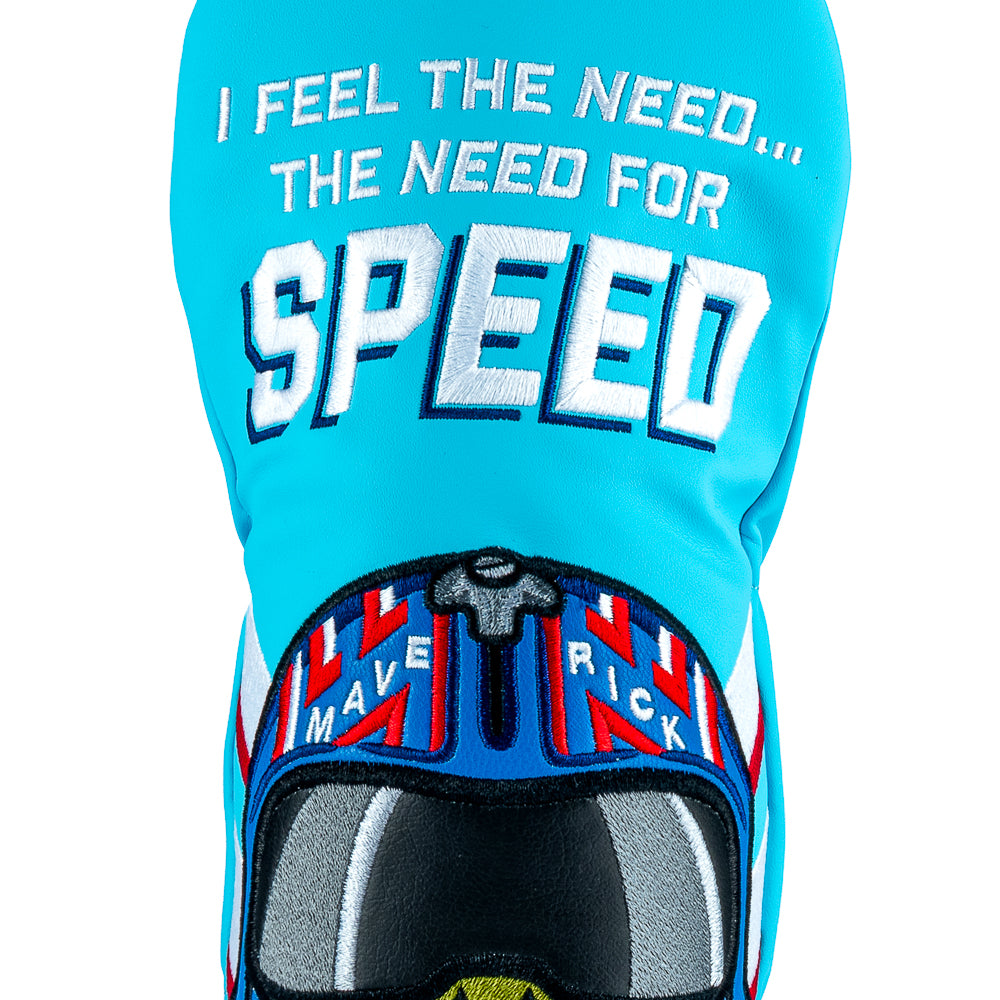 Rewind Golf x Top Gun Need For Speed official fairway wood golf headcover featuring Maverick helmet on teal material.