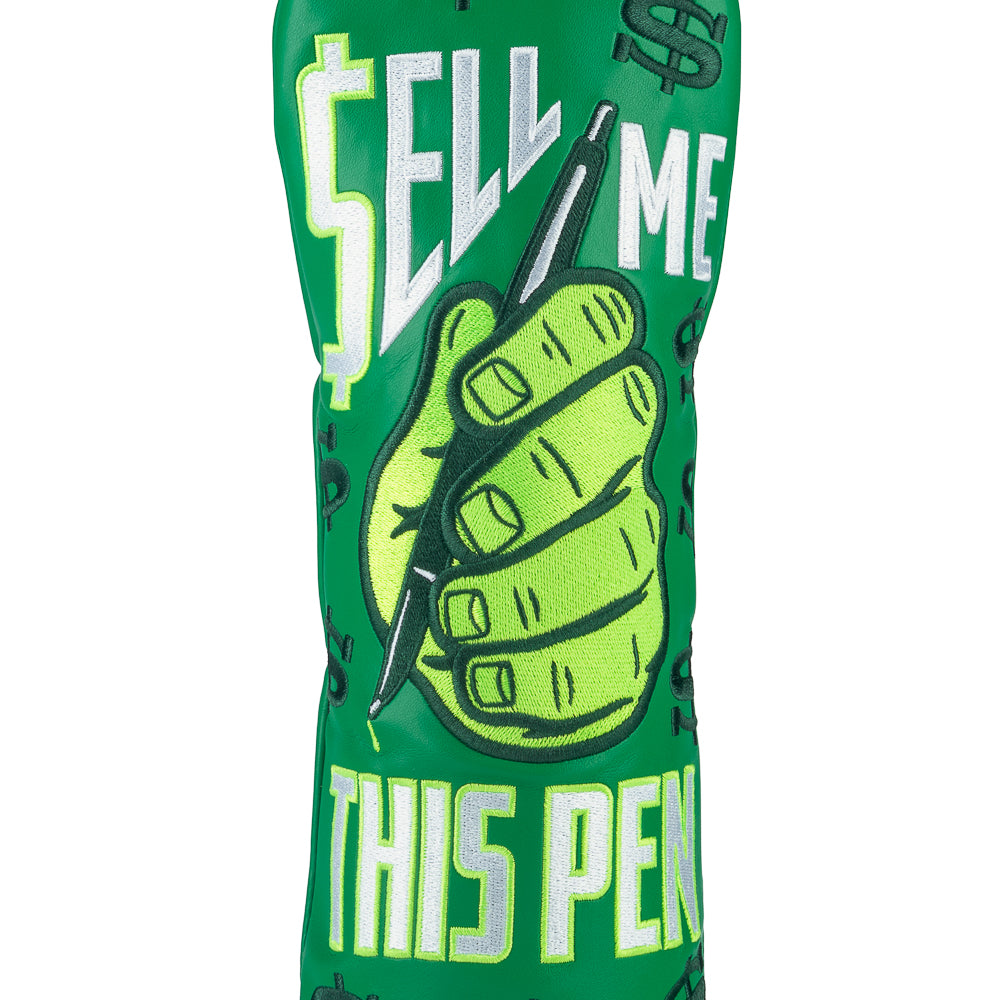 Rewind Golf x Wolf of Wall Street official green Sell Me This Pen themed fairway wood golf headcover.